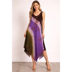 Bella Moda Womens Tie Dye Embroidered‎ Handkerchief Hem Boho Tunic Dress OS